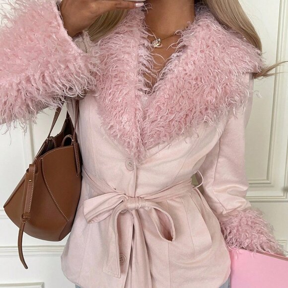 Pink Plush Women's Long Sleeve Single-Breasted Suede Jacket with Fur Collar - Picture 3 of 5